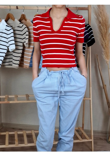 Kadın Polo Yaka Çizgili Crop Tişört