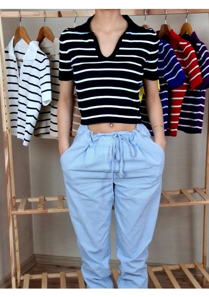 Kadın Polo Yaka Çizgili Crop Tişört