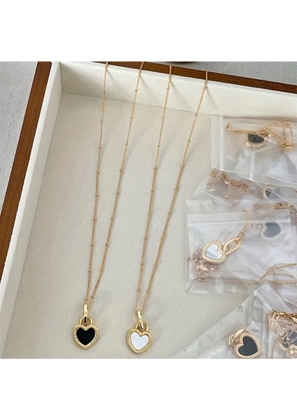 Shade - Çift Taraflı Siyah Beyaz Kalp Paslanmaz Çelik Unisex Kolye