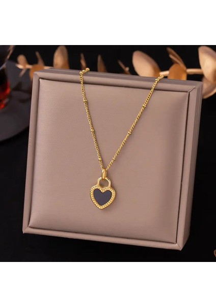 Shade - Çift Taraflı Siyah Beyaz Kalp Paslanmaz Çelik Unisex Kolye