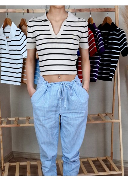 Kadın Polo Yaka Çizgili Crop Tişört