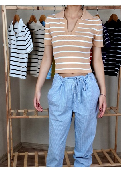 Kadın Polo Yaka Çizgili Crop Tişört