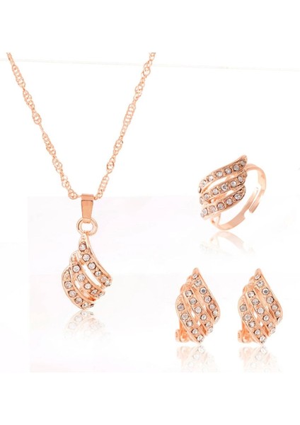 Amore Kristal Taşlı Kolye Küpe Yüzük Gelin Düğün Hediye Moda Rose Takı Seti