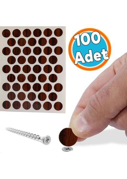 Vida Tapası Tıpası Yapışkanlı Parlak Abanoz Ahşap Desenli Kahverengi Vida Kapatıcı Kapağı (100 Adet)