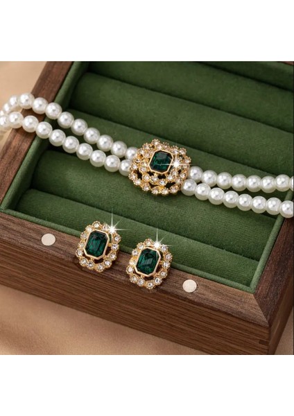 Zarifi - Lüks Zümrüt Yeşil Yeşim Taşlı Çift Sıra Incili Hediye Özel Gün Şık Inci Kolye ve Küpe Seti fiyatları