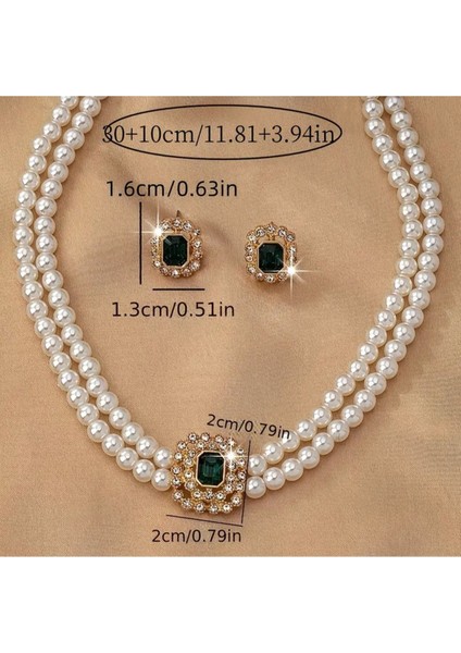 Zarifi - Lüks Zümrüt Yeşil Yeşim Taşlı Çift Sıra Incili Hediye Özel Gün Şık Inci Kolye ve Küpe Seti modelleri