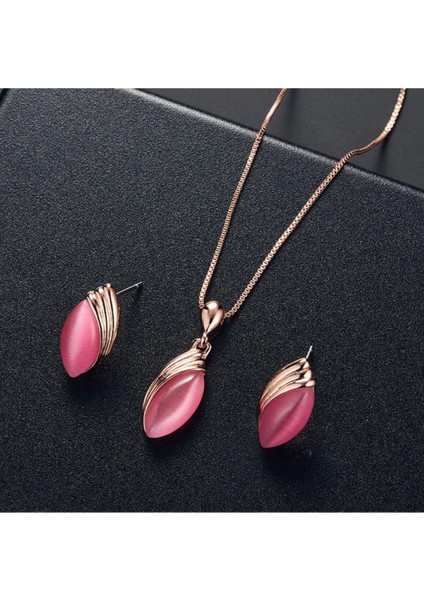 Almond Rose Gold Kristal Taşlı Modern Tasarım Hediye Kolye Küpe Seti