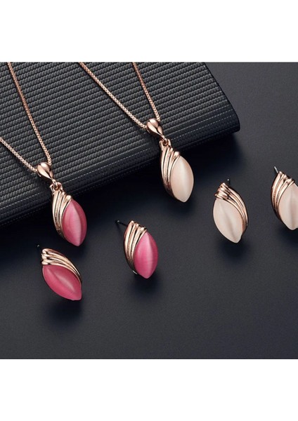 Almond Rose Gold Kristal Taşlı Modern Tasarım Hediye Kolye Küpe Seti modelleri