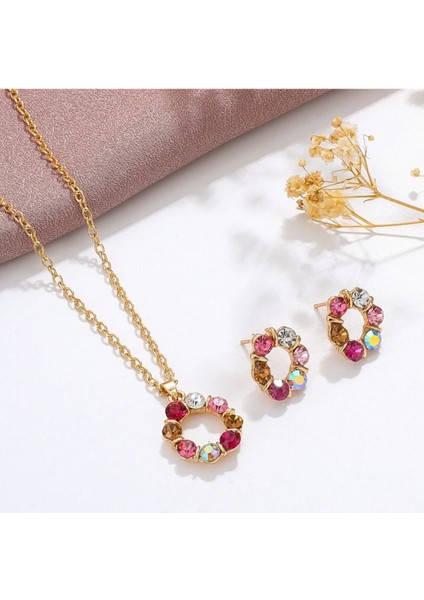 Lovelle - Pembe Beyaz Zirkon Taşlı Şık Yuvarlak Tasarım Altın Kaplı Sevgiliye Hediye Kolye Küpe Seti fiyatları