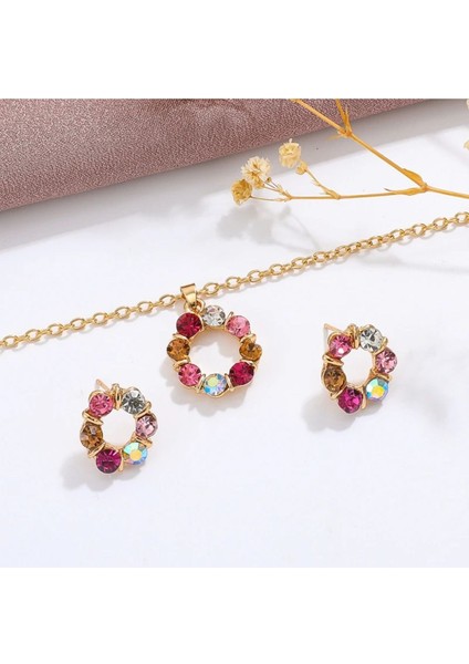 Lovelle - Pembe Beyaz Zirkon Taşlı Şık Yuvarlak Tasarım Altın Kaplı Sevgiliye Hediye Kolye Küpe Seti modelleri