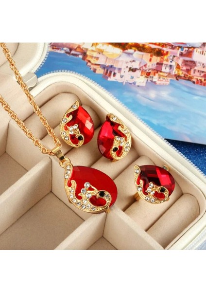 Victorian Afrika Kristal Kırmızı Taşlı Gold Su Damlası Kolye Küpe Yüzük Düğün Hediye Takı Seti
