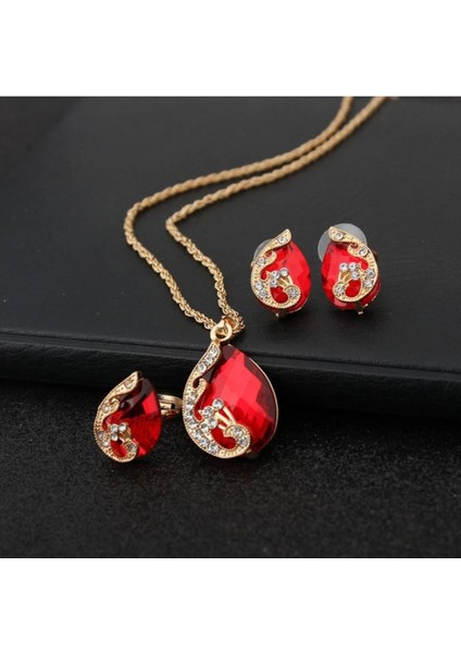 Victorian Afrika Kristal Kırmızı Taşlı Gold Su Damlası Kolye Küpe Yüzük Düğün Hediye Takı Seti fiyatları
