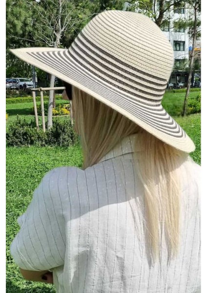 Kadın Geniş Kenarlı Çizgili Hasır Yazlık Plaj Şapkası modelleri