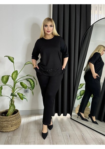 Kadın Büyük Beden Kol, Etek ve Bacak Ucu Payet Detay Esnek Abiye Takım
