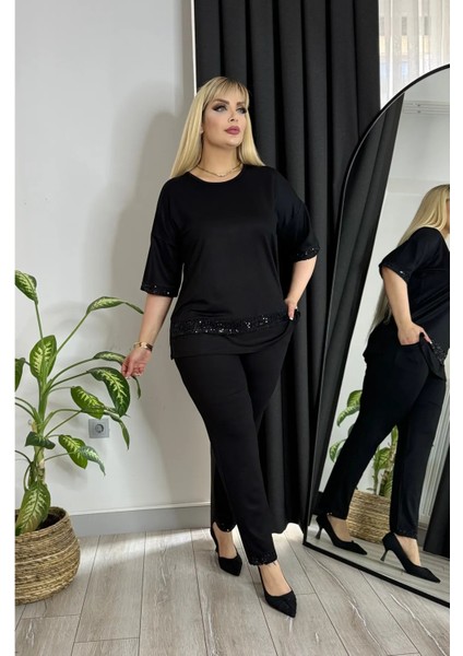 Kadın Büyük Beden Kol, Etek ve Bacak Ucu Payet Detay Esnek Abiye Takım indirimleri