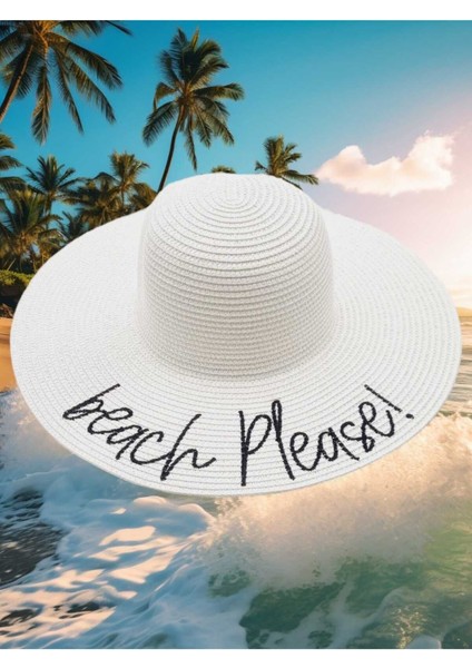 Kadın Beach Please Nakış Işlemeli Hasır Şapka