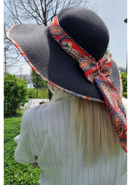 Kadın Geniş Kenarlı Paisley Fular Detaylı Hasır Plaj Şapkası modelleri