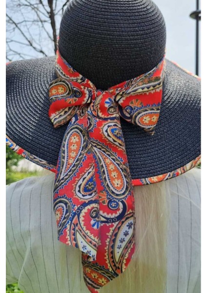 Kadın Geniş Kenarlı Paisley Fular Detaylı Hasır Plaj Şapkası fırsatları