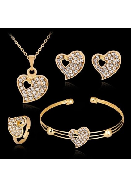 Valentin Altın Gold Renkli Kalpli Taşlı Kolye ve Küpe Hediye Sade Şık Sevgililer Günü Özel Takı Seti