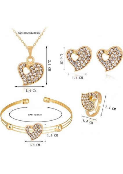 Valentin Altın Gold Renkli Kalpli Taşlı Kolye ve Küpe Hediye Sade Şık Sevgililer Günü Özel Takı Seti indirimleri