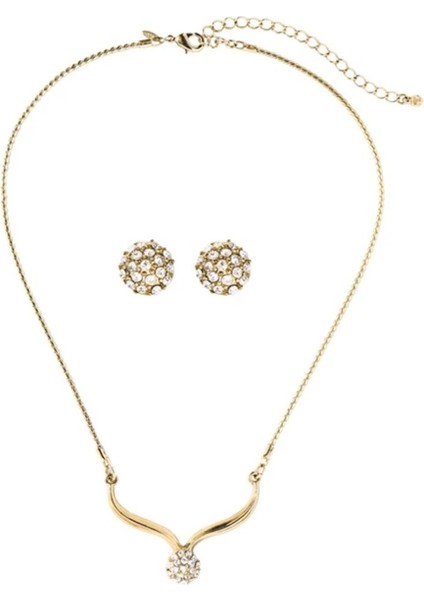 Medusa - Altın Gold Renkli Taşlı Kolye ve Küpe Hediye Sade Şık Takı Seti