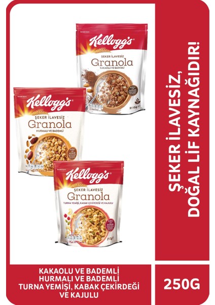 Granola Şeker Ilavesiz 3'lü Paket, T.yemişi, K.çekirdeği ve Kajulu&hurmalı ve Bademli&kakaolu ve Hurmalı