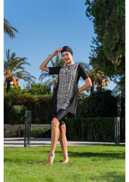 Kadın Büyük Beden Kısa Kol Taytlı Siyah Mayo C6T3N4O2-1