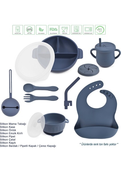 Silikon Beslenme Seti Mama Tabağı ve Kase, Pipet, Önlük, Emzik Kılıfı, Çatal-Kaşık, Bardak /lacivert