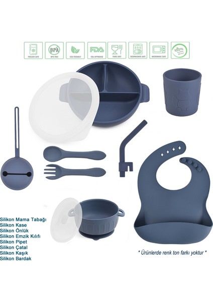 Silikon Beslenme Seti Mama Tabağı, Kase, Pipet, Emzik Kılıfı, Çatal ve Kaşık, Bardak/lacivert