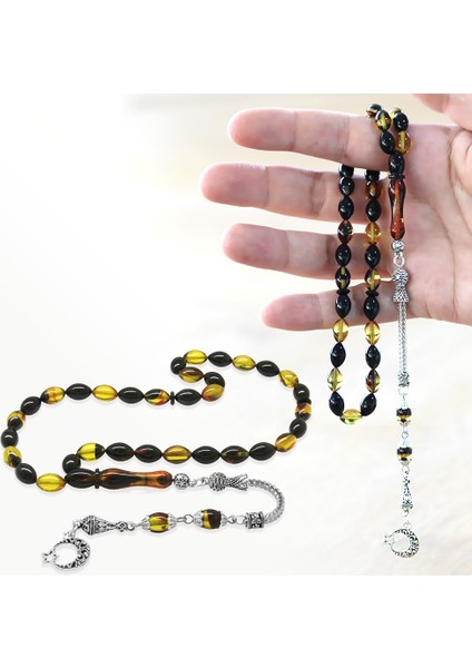 Ayyıldız Kararmaz Metal Püsküllü Arpa Kesim Bala-Siyah Ateş Kehribar Tesbih