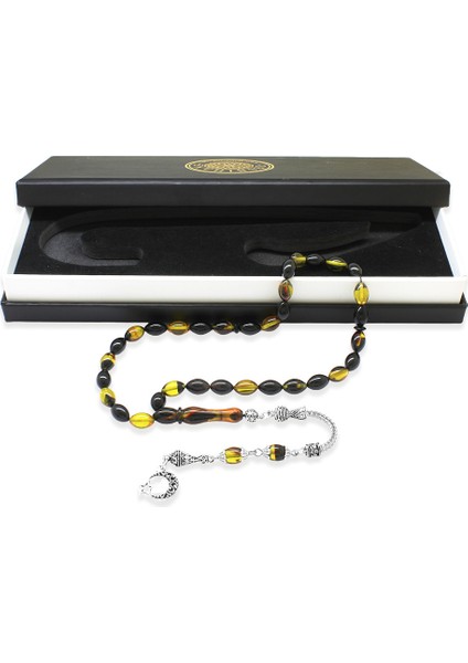 Ayyıldız Kararmaz Metal Püsküllü Arpa Kesim Bala-Siyah Ateş Kehribar Tesbih fiyatları