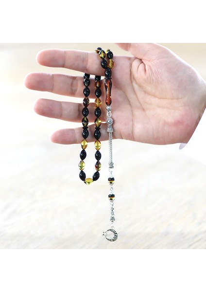 Ayyıldız Kararmaz Metal Püsküllü Arpa Kesim Bala-Siyah Ateş Kehribar Tesbih modelleri