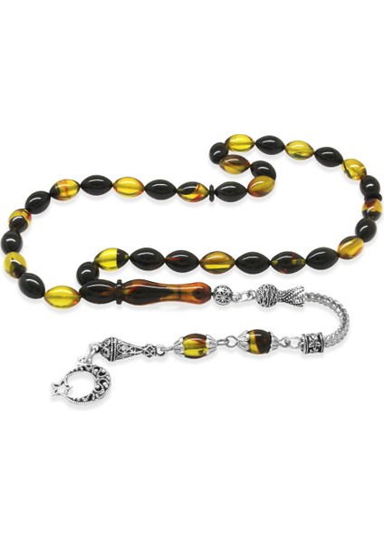 Ayyıldız Kararmaz Metal Püsküllü Arpa Kesim Bala-Siyah Ateş Kehribar Tesbih