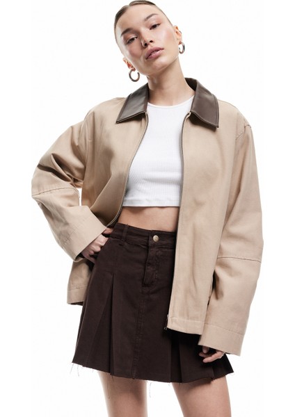 Pamuklu Kalın Pileli Düğmeli Mini Denim Etek