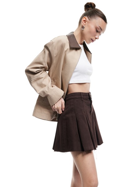 Pamuklu Kalın Pileli Düğmeli Mini Denim Etek fiyatları