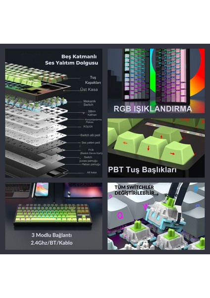 K88 Mekanik Oyun Klavyesi- 3 Modlu Hot Swap Rgb 400 Mah Batarya modelleri