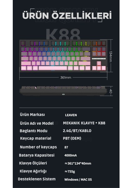 K88 Mekanik Oyun Klavyesi- 3 Modlu Hot Swap Rgb 400 Mah Batarya