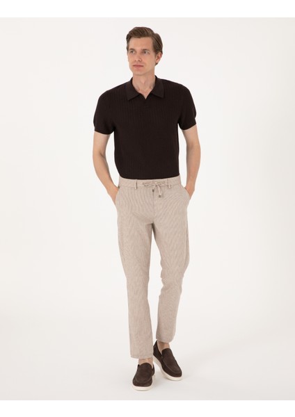 Erkek Bej Slim Fit Keten Karışımlı Beli İpli Çizgili Kanvas Pantolon 50301775-VR011