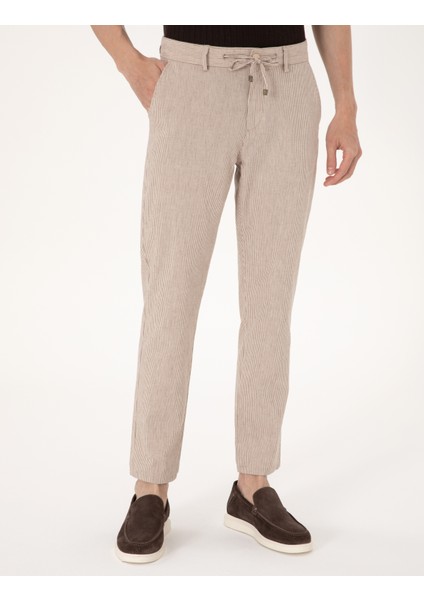 Erkek Bej Slim Fit Keten Karışımlı Beli İpli Çizgili Kanvas Pantolon 50301775-VR011 fiyatları