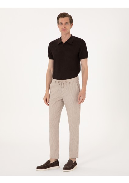 Erkek Bej Slim Fit Keten Karışımlı Beli İpli Çizgili Kanvas Pantolon 50301775-VR011 modelleri