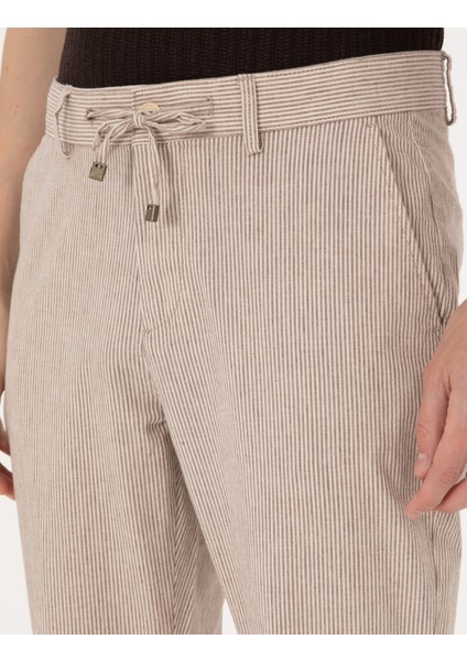 Erkek Bej Slim Fit Keten Karışımlı Beli İpli Çizgili Kanvas Pantolon 50301775-VR011 indirimleri