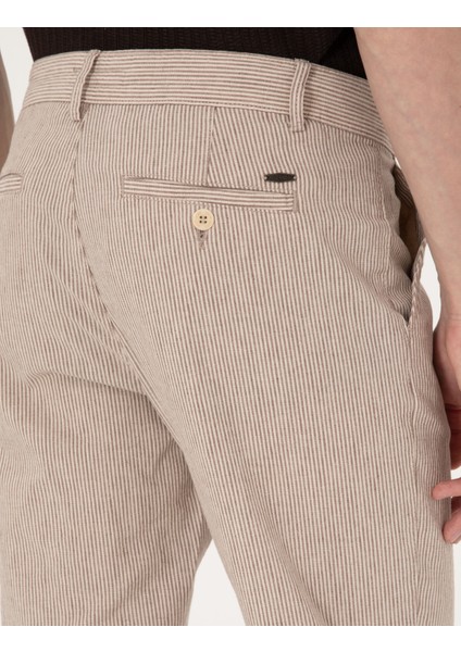 Erkek Bej Slim Fit Keten Karışımlı Beli İpli Çizgili Kanvas Pantolon 50301775-VR011