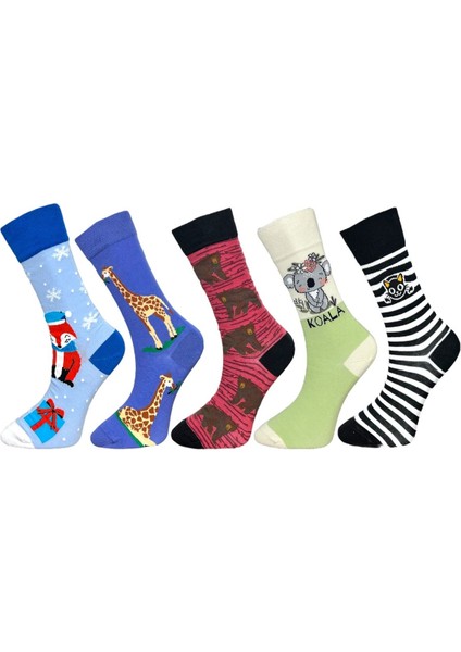 5'li Unisex Esnek Penguen Zürafa Koala Kedi Desenli Karışık Renkli Nefes Alabilen Soket Çoraplar