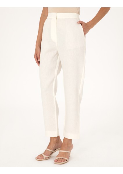 Kadın Ekru Carrot Fit Keten Pantolon 50299985-VR019