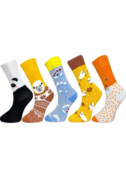 5'li Karışık Panda, Koyun, Çiçek, Tilki Desenli Unisex Esnek Nefes Alabilen Renkli Havlu Çoraplar