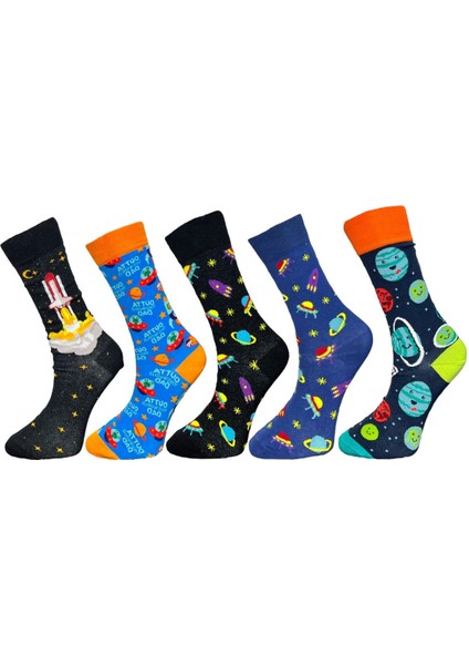 5'li Unisex Esnek Gezegenler ve Roket Desenli Karışık Renkli Nefes Alabilen Soket Çoraplar