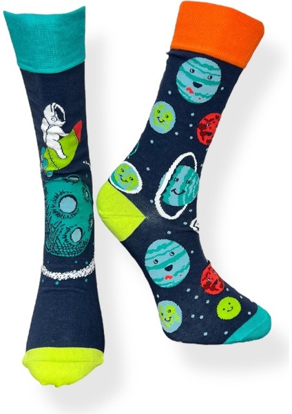5'li Unisex Esnek Gezegenler ve Roket Desenli Karışık Renkli Nefes Alabilen Soket Çoraplar