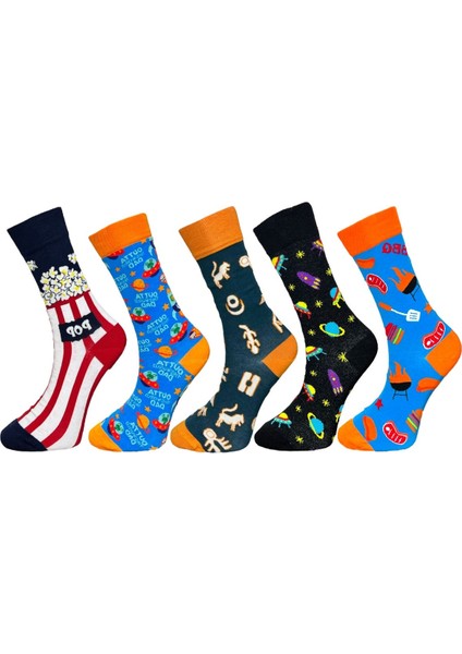 5'li Unisex Esnek Popcorn Galaksi Barbeku Desenli Karışık Renkli Nefes Alabilen Soket Çoraplar