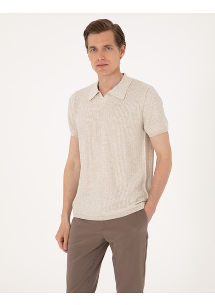 Erkek Bej Slim Fit Keten Karışımlı Polo Yaka Triko Tişört 50305972-VR011 modelleri