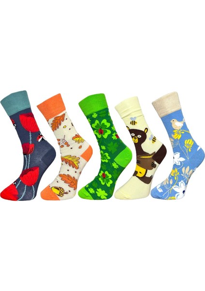 5'li Unisex Esnek Çiçek Yaprak ve Hayvan Desenli Karışık Renkli Nefes Alabilen Soket Çoraplar
